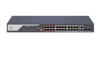 DS-3E0326P-E(C) Hikvision 24 port Unmanaged POE+ switch, Uplink: 2xRJ45 + 2xSFP, 370W budget, 300 m POE